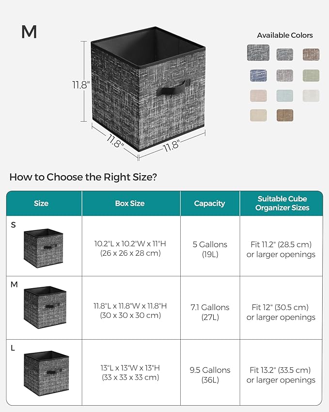 SONGMICS Storage Cubes, 11.8-Inch Non-Woven Fabric Bins with Double Handles, Set of 6, Closet Organizers for Shelves, Foldable, for Clothes, Classic Black UROB030B01