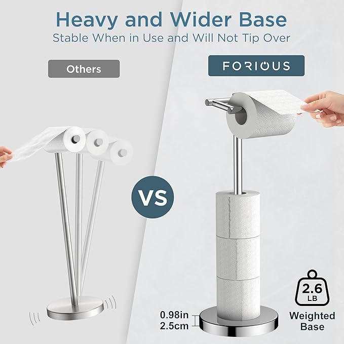 Toilet Paper Holder Stand Adjustable, Freestanding Tissue Roll Holder for Bathroom, Pivoting Design, Durable SUS 304 Stainless Steel and Weighted Base Toilet Paper Stand, Storage (Chrome)