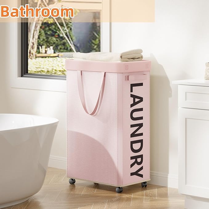 Pink Laundry Basket with Wheels, Dorm Room Essentials for Girls, 90L Rolling Laundry Hamper with Wheels and Removable Mesh Bag for Clothes, Bedroom, Bathroom, College
