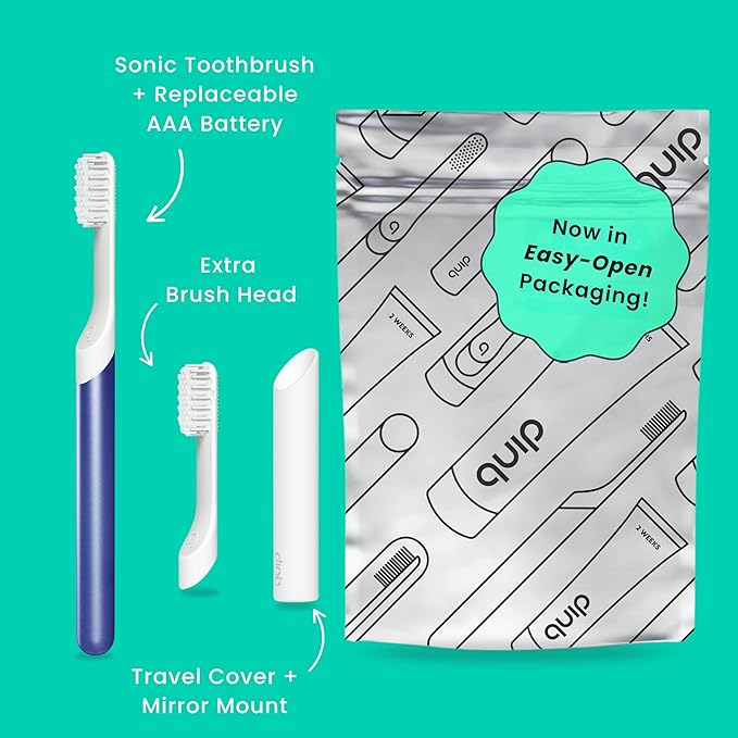 Quip Metal Sonic Electric Toothbrush for Adults - Time Travel & Soft Bristles with Travel Case & Replacement Brush Head - 3 Month Battery Life - Indigo