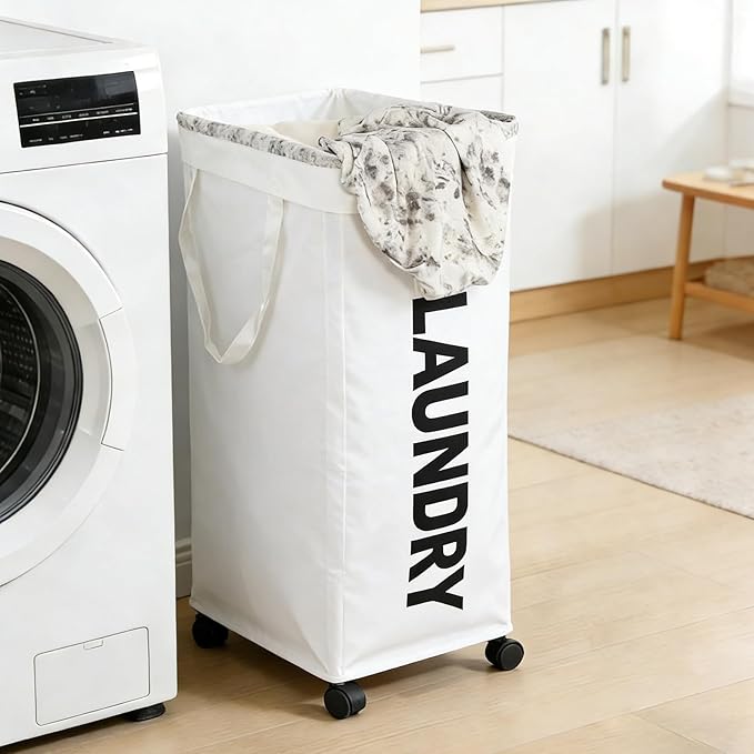 90L Laundry Basket with Wheels, Laundry Hamper with Removable Wash Bag, Rolling Clothes Hamper, Foldable Dirty Clothes Basket on wheels for Bedroom, Dorm, Laundry Room, White