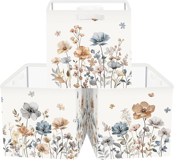 Clastyle Flowers Storage Cube Organizer Set Handle Closet Clothes Cube with Metal Frame Foldable Parents Organizer Storage Basket for Book Toy,Boho Brown,11.8x11.8x11.8 in