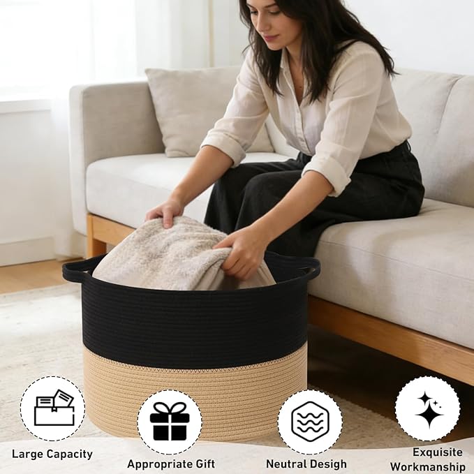 65L Large Blanket Basket,19.7" L x 19.7" W x 13" H Rope Woven Baskets with Handles, Toys Storage Bins,Laundry Basket Perfect for Living Room, Nursery,Bedroom,Home Organization,Black&Camel