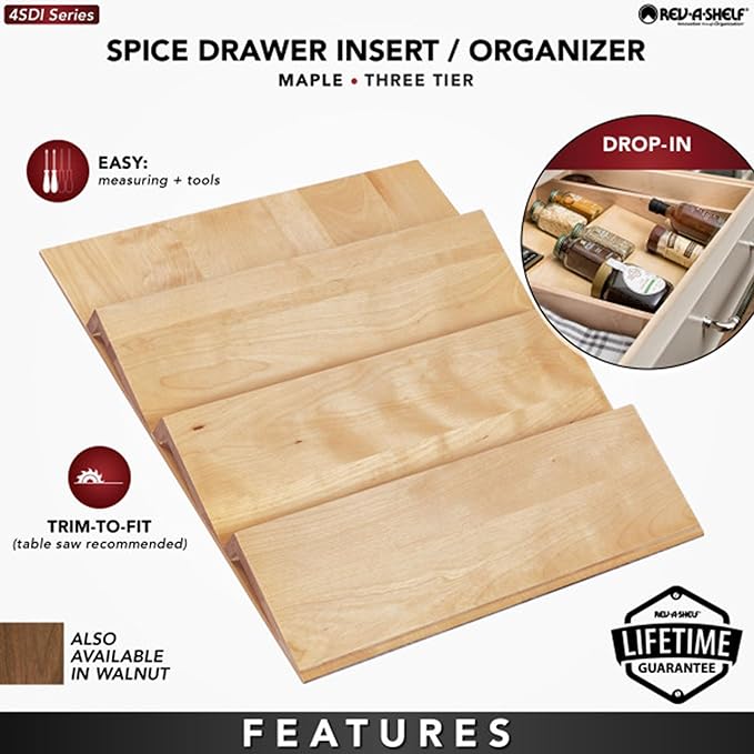 Rev-A-Shelf 3-Tier Wood Trim-to-Fit Spice Rack Drawer Insert, 16" x 19.75", Maple - Drop-In Seasoning Jars Storage Tray Organizer for Kitchen Cabinet and Pantry Organization, 4SDI-18