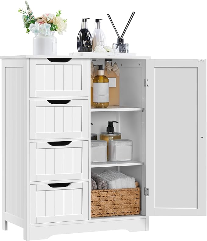 Yaheetech Large Bathroom Floor Cabinet with 4 Dawers and Single Door Cabinet, Freestanding Storage Cabinet for Living Room Kitchen Hallway, White