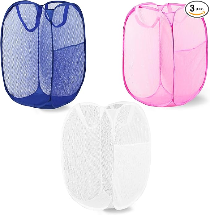 LXLOVESM Pop Up Laundry Hamper, Mesh Laundry Basket Collapsible, Foldable Hamper for Travel and Storage, 3 Pack (White+Pink+Blue)