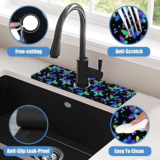 Sink Faucet Absorbing Mat Colourful Butterflies Sink Splash Guard Drying Mat for Kitchen Bathroom Faucet Sinkmat 15.5"X5.5"