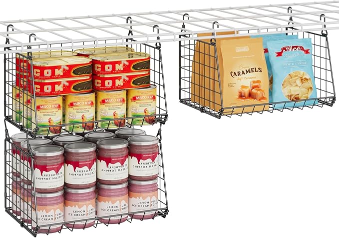 3-Pack Under Shelf Hanging Baskets - Space Saving Pantry Shelf Organizer with 360° Rotating Hooks for Kitchen Storage, Foldable Small Space Solutions for Pantry Organization, Black