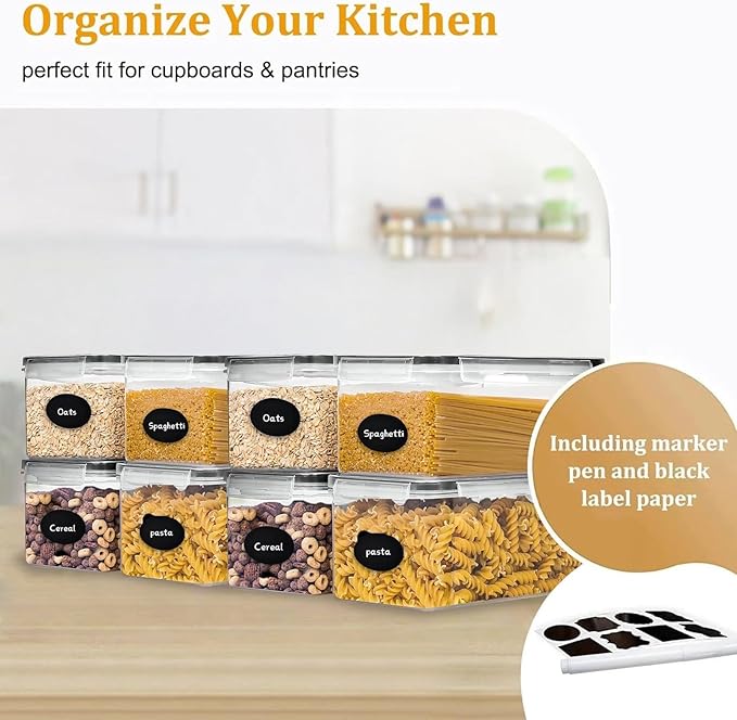 stusgo 3.2L (108 oz) 8PCS Airtight Food Storage Containers with Lids, BPA-Free Plastic Canisters for Pasta, Spaghetti & Kitchen Pantry Organization