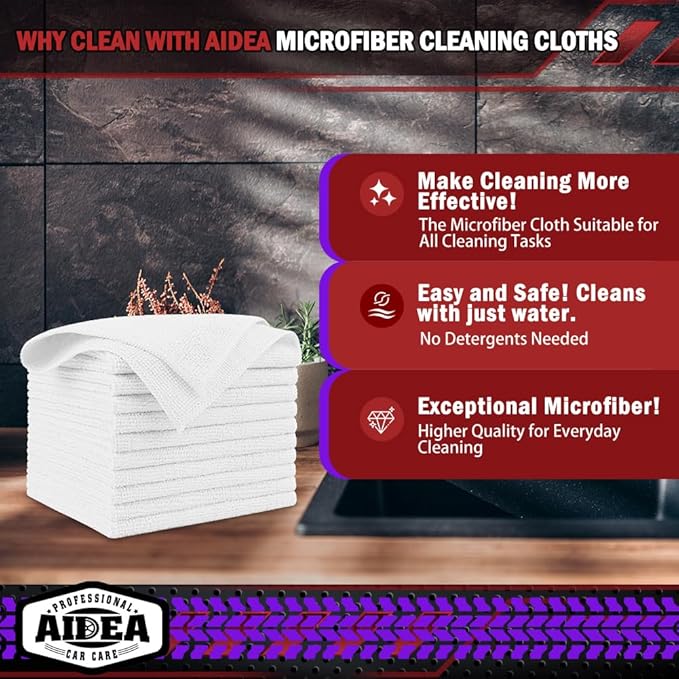 AIDEA Microfiber Cleaning Cloth White 50PK, Microfiber Towels for Cars, Premium Car Cloths, Dusting Cloth Lint Free Cleaning Rags for SUVs, House, Kitchen, Window, Workshops,12×12"