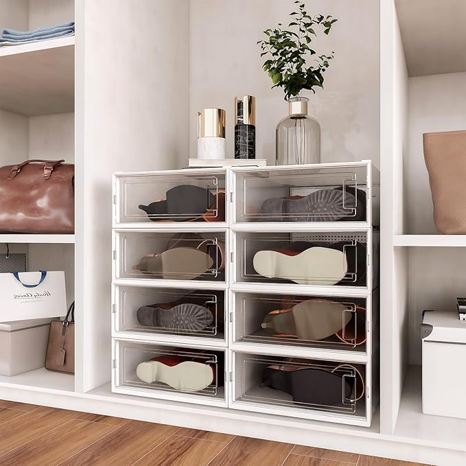 PARANTA 8-Piece Boot and 12-Piece Shoe Storage Box, Stackable Clear Plastic Shoe Box, Space-Saving Shoe Organizer for Boots, Sneakers, and High Heels, Clear