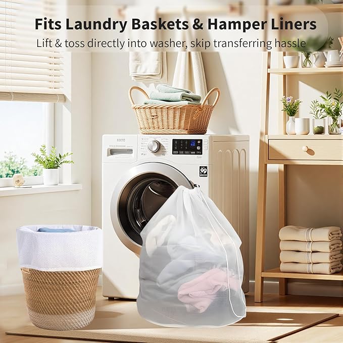 2-Pack Drawstring Mesh Laundry Bags, 24x31 Inches, Extra-Large Heavy Duty Laundry Net Bag, Breathable Mesh for Delicates, Protect Clothes in Washing Machine, Travel/Dorm/Sports/Family, White, Washable