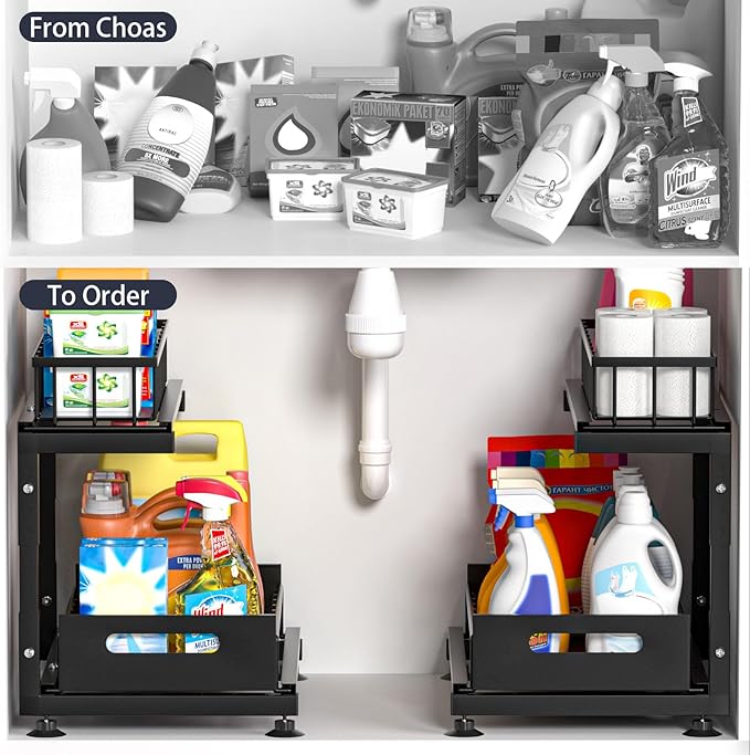 Under Sink Organizer, 2-Tier Premium Metal Pull-Out Racks with Adjustable Height, Heavy Duty Sliding Bin for Bathroom and Kitchen Cabinet Storage, Rust Resistant 2 Pack Black