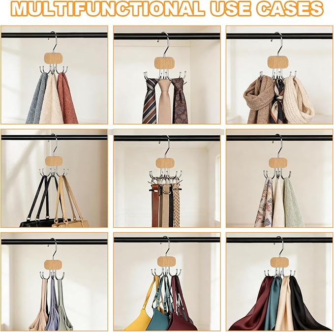 3 Pack Tank Top Hanger, Rotatable Bra Organzier for Closet, Bra Hanger for Closet Organizer, 360° Rotating & Foldable, Metal and Wood, Space-Saving Belt Hangers for Tank Tops, Belt, Tie (Wood)