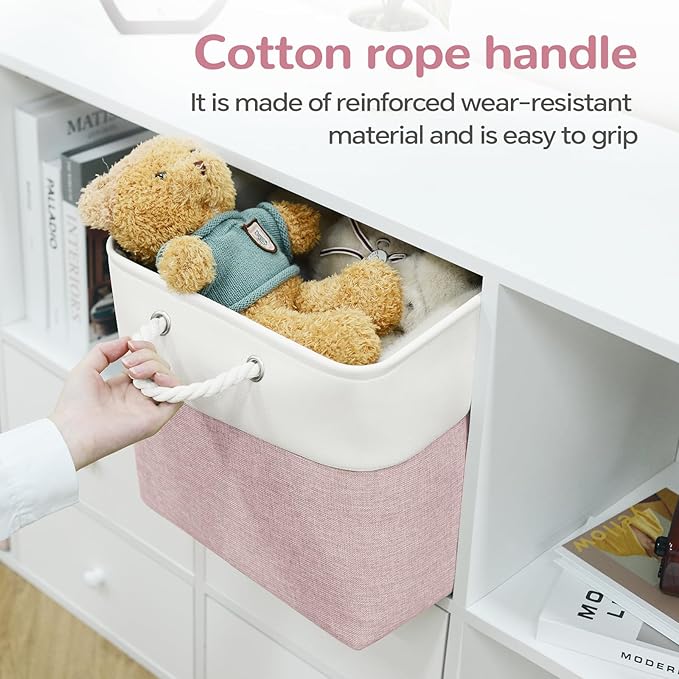 13 x 13 Inch Cube Storage Bins, 6 Pack Fabric Storage Basket with Handles, Foldable Boxes Organizer for Shelf Baskets for Home, Clothes (White/Pink)