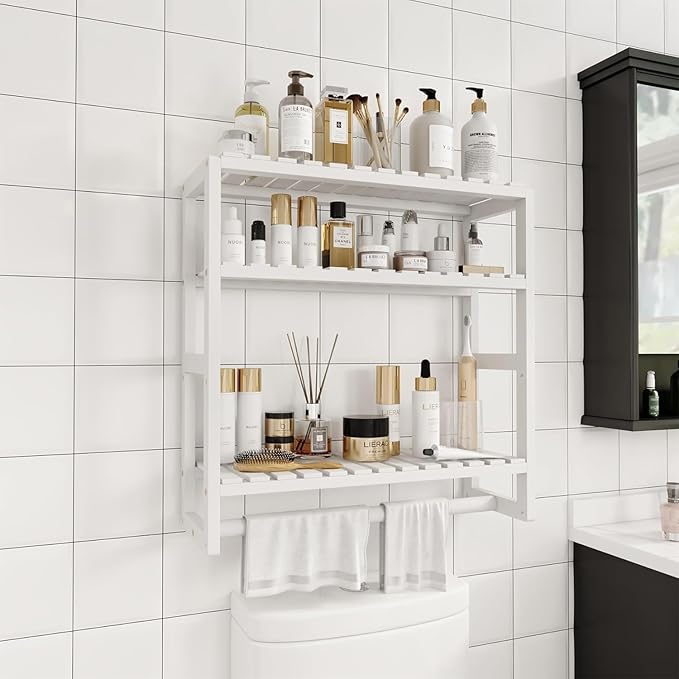 Over The Toilet Storage Bathroom Shelves Wall Mounted 3 Tier Space Saver Corner Shelf Organizer Bamboo Towel Rack Toilet Paper Cabinet with Hanging Rod White