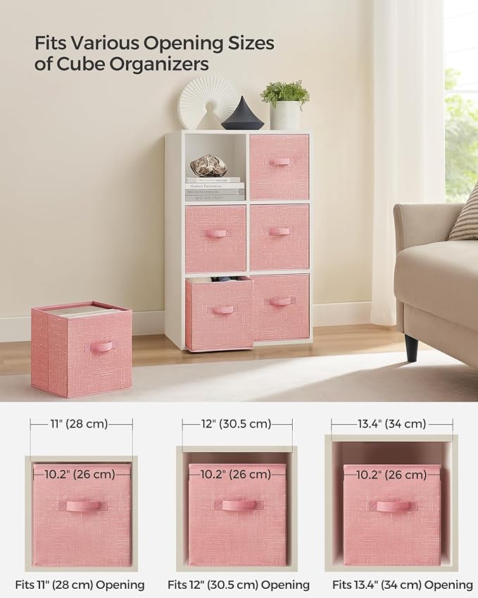 SONGMICS Storage Cubes, 11-Inch Non-Woven Fabric Bins with Double Handles, Set of 6, Closet Organizers for Shelves, Foldable, for Clothes, Jelly Pink UROB026R01