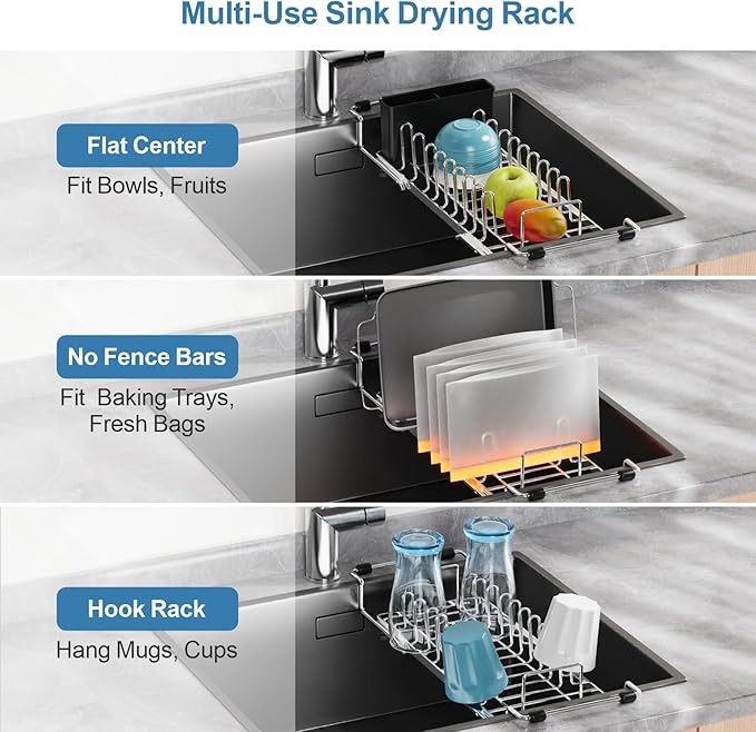 GSlife Large Capacity Expandable Dish Drying Rack with Absorbent Mat, 2-Piece Stainless Steel Dish Drainer Set for Counter with Removable Over Sink Rack, Family Size 16.5"-21.5" L x 15" W, Silver