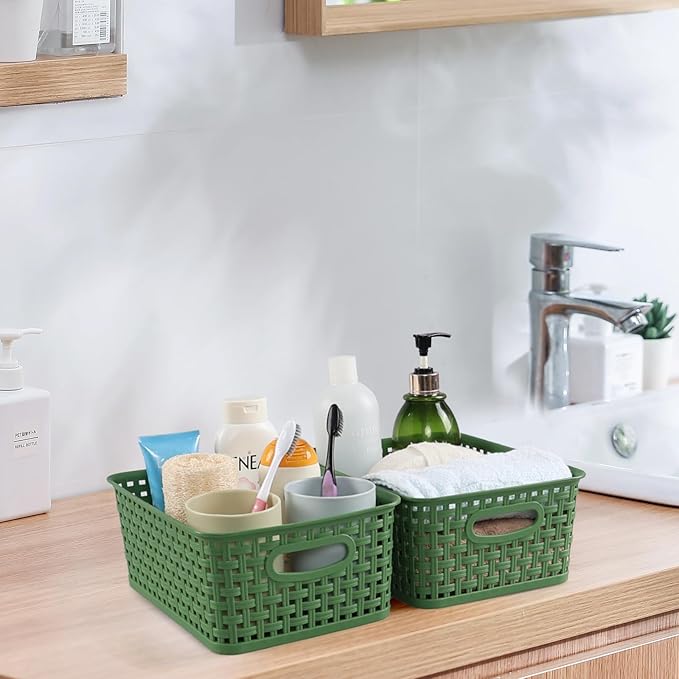 Plastic Woven Storage Baskets, Plastic Storage Baskets for Organizing, Deep Green, 6 Packs