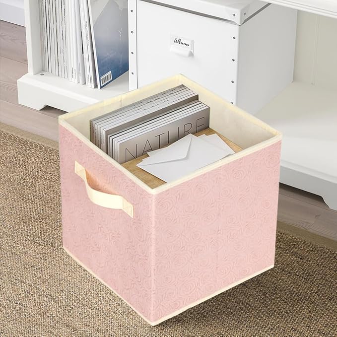 ShellKingdom Storage Bins, Foldable Fabric Storage Cubes with 3D Embossed Rose Pattern, Cloth Organizer Drawer For Closet And Toys, 10.5 X 10.5 X 11 inch, 2 Pack (Light Pink)