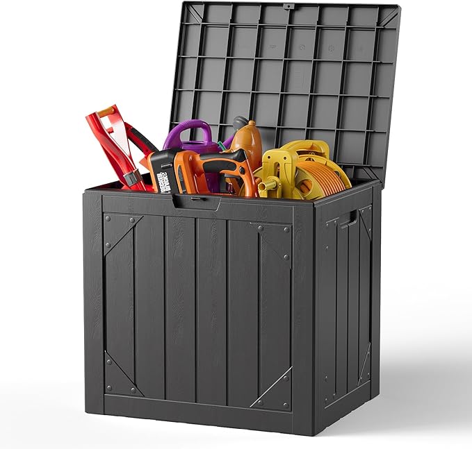 30 Gallon Deck Box Outdoor Storage Bench Outside Waterproof Resin Storage Bench, Lockable Patio Cushions,Garden Tools Storage For Furniture,UV Resistant (Plastic Black) (Plastic Black, 30 Gallon)