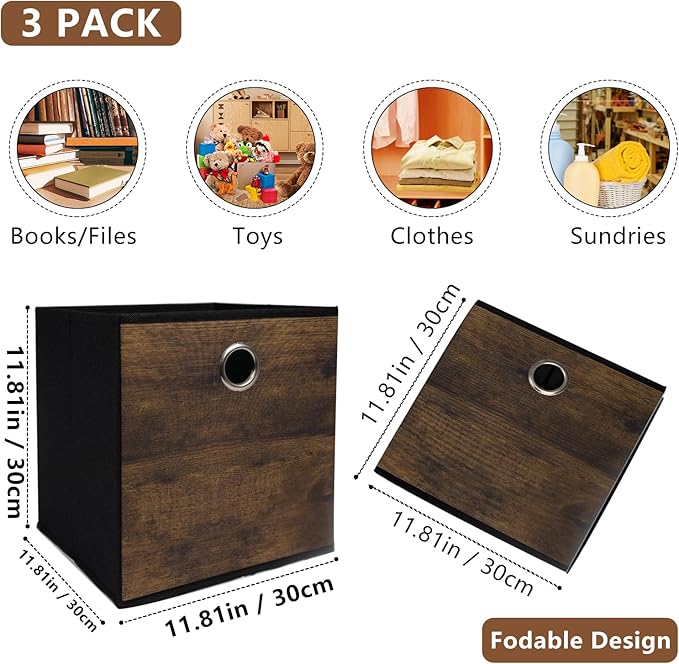 Thickened Fabric Storage Bins with Wood Grain,Decorative Storage Cubes Foldable Box,Sturdy Cube Organizer Basket for Shelves,Closet,Home,Office, Nursery,Dorm,Brown with Black,3 Pack (11.8x11.8x11.8in)
