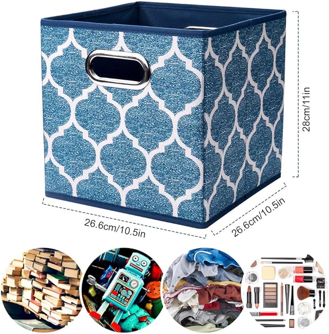 Folding Cube Storage Bins 10.5x10.5 x 11 In Navy Blue Collapsible Cloth Storage Cube Boxes Fabic Cube Baskets Storage Inserts Drawer Organizer Closet ,QY-SC09-3