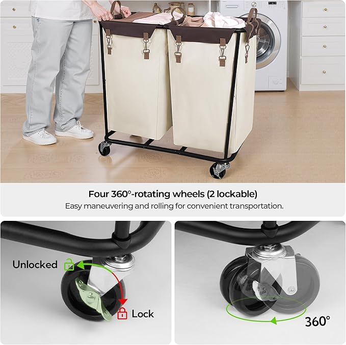 StorageWorks 280L Large Laundry Hamper with Wheels, Laundry Basket with Wheels 2 Sections, Clothes Sorter Cart with Divider for Hotel, Home, Beige, 1-Pack