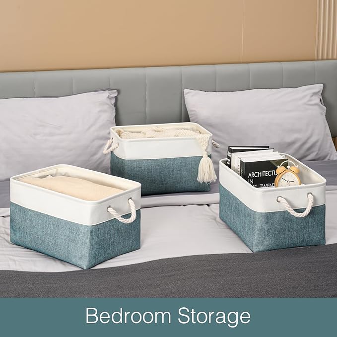 DUHEL Storage Bins 3 Pack, Fabric Storage Basket for Collapsible Medium Canvas Storage Baskets for Organizing Shelf Nursery Home Closet . 15(L) x 11(W) x 9.5(H) inch (White&Teal-3PCS)