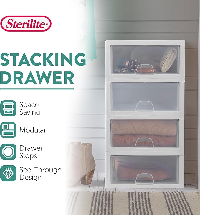 Sterilite 24-Pack 16 Quart Stacking Drawer, Clear Storage Closet Organizer, White Frame - Stackable Modular Plastic Drawers for Clothes, Accessories, Craft Supplies, Shoes or Linens