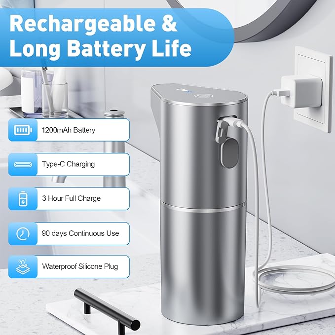 Automatic Soap Dispenser,Touchless Hand Wall Mount Rechargeable 3 Gear Adjustable Electric Soap Dispenser 350ml with Infrared Motion Sensor for Bathroom,Kitchen,Office, Silvery Gel