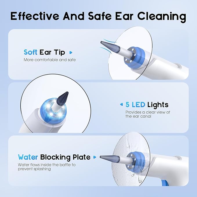 Ear Wax Removal, Electric Ear Cleaning Kit with Light, FSA-HSA-Eligible, Ear Irrigation Kit with 4 Pressure Modes, Safe and Effective Ear Flush Kit with Ear Cleaner - Includes Basin, Towel & 15 Tips