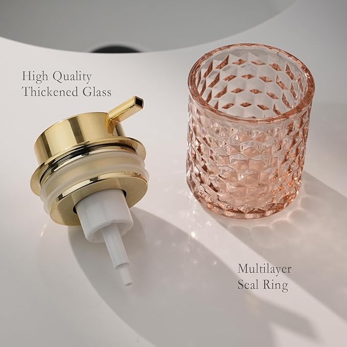 Hand Soap Dispenser Glass, Refillable Liquid Dispenser for Bathroom & Kitchen,Lotion Dispenser with Large Gold Pump（Diamond Pattern-Pink）