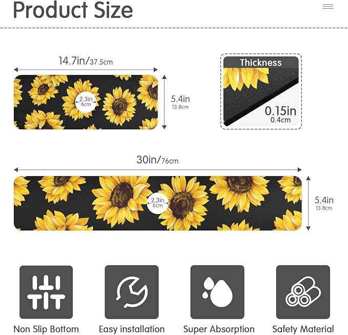 Kitchen Sink Splash Guard Sink Faucet Mat Faucet Handle Drip Catcher Drain Mats for Kitchen Bathroom Countertop Absorbent Dish Drying Mat Pad 2pack 14.7x5.4Inch Sunflowers Black