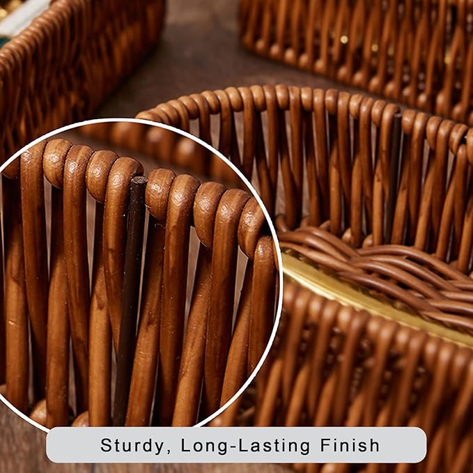 Set of 3 Silverware Drawer Organizer Makeup Baskets, Wicker Flatware Organizer for Knives Spoons Fork , Utensil Basket for Kitchen Drawers Cutlery Holder for Party Brown
