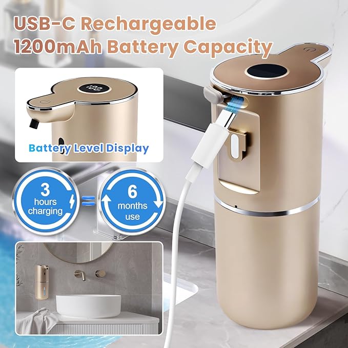Automatic Soap Dispenser, Touchless Liquid Soap Dispensers, USB Rechargeable, 6-Level Adjustable Volume Control, 12.8oz/380ml, Wall Mount for Kitchen, Bathroom, Free Stickers (Champagne Gold)