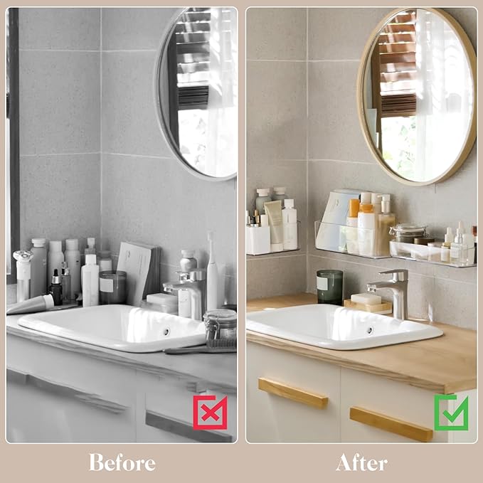 PAVSTINE 2 Pack Clear Shower Shelf, Adhesive Bathroom Shower Shelves, Wall Mounted Bathroom Shower Organizer, No Drill Shower Shelves with Self Adhesive Tape, Transparent