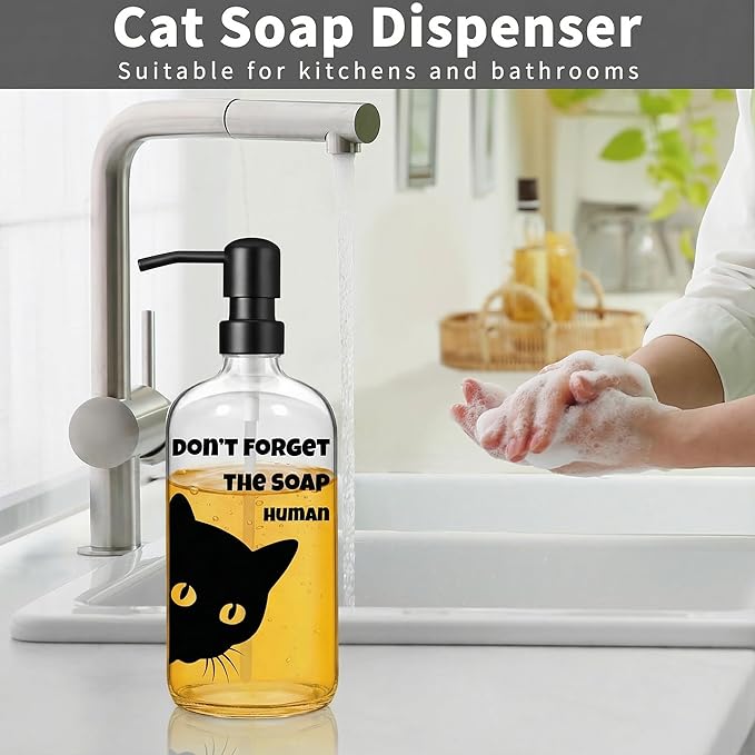 Black Cat Soap Dispenser 17 oz Clear Glass Hand Soap Bottle with 304 Stainless Steel Pump Bathroom Accessories Cute Cat Décor Cat Lover Gift