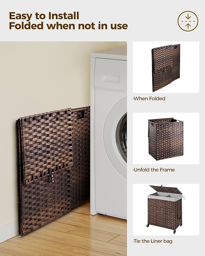 Greenstell Laundry Hamper with Wheels, No Install Needed, 110L Divided Handwoven Hampers & 2 Removable Liner Bags, Rattan Clothes Laundry Basket with Lid & Handles, Foldable Hampers Brown 22x13x26.4In