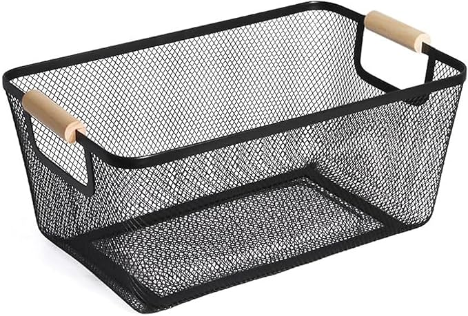Metal Mesh Steel Basket, Medium Wire Storage Organizer Basket Multi-function Hanging Kitchen Basket with Wood Handle for Kitchen Bathroom Picnic Home, Rectangle-Black