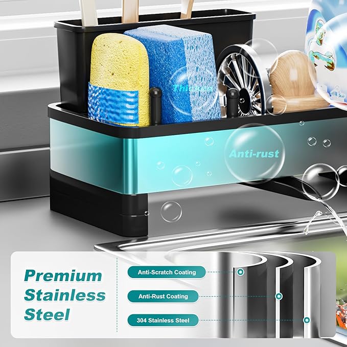Ewaiira Stainless Steel Sink Caddy, Sponge Holder for Kitchen Sink with Brush Holder & Dishcloth Rack, Rustproof Sink Organizer Countertop, Soap Dispenser Kitchen Organizers Storage Essentials, Black