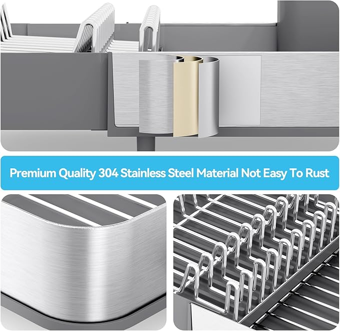 Dish Drying Rack, 304 Stainless Steel Dish Drainer with Removable Utensil Holder & Drain Board, Rustproof Space-Saving Dish Rack for Kitchen Countertop, Grey