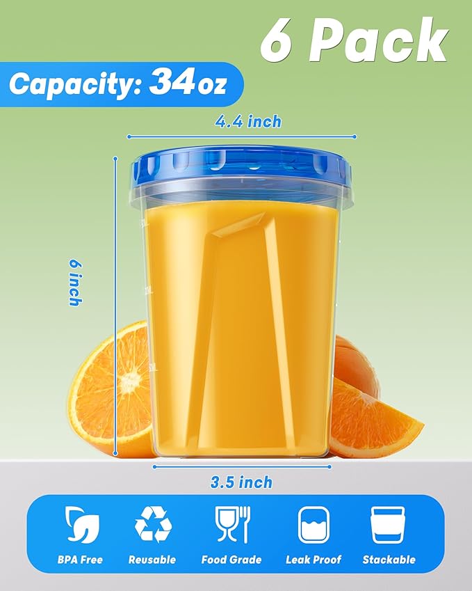 6 Pack-34oz Freezer Storage Containers, Plastic Food Storage Containers with Twist Top Lids, BPA Free and Reusable Soup Containers with Lid, Microwave and Dishwasher Safe