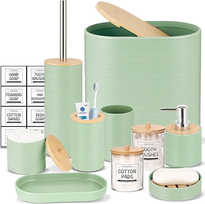 IMAVO Bathroom Accessory Set-11Pcs Green Bathroom Accessories Set with Trash Can,Soap Dispenser,Soap Dish,Toothbrush Holder,Toothbrush Cup,Toilet Brush Holder,Qtip Holder Dispenser with Labels