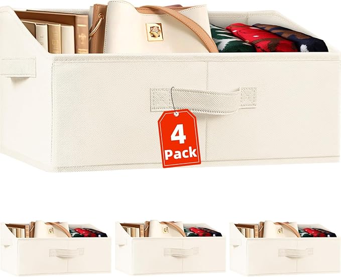 Criusia Closet Organizers Bins 4 Pack - Large Closet Shelf Organizer with Handles - Fabric Trapezoid Home Organization and Storage Baskets for Organizing Clothes Toy Blanket Towel Purse Hats