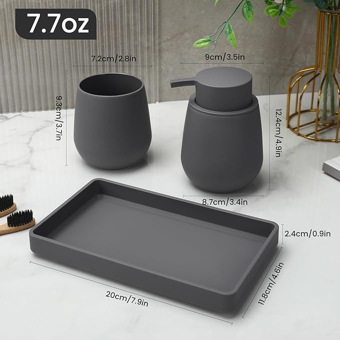 Bathroom Accessories Set, Modern 3 Pcs Bathroom Essentials - Soap Dispenser, Toothbrush Holder & Tray, Countertop Vanity Organizer (Gray)