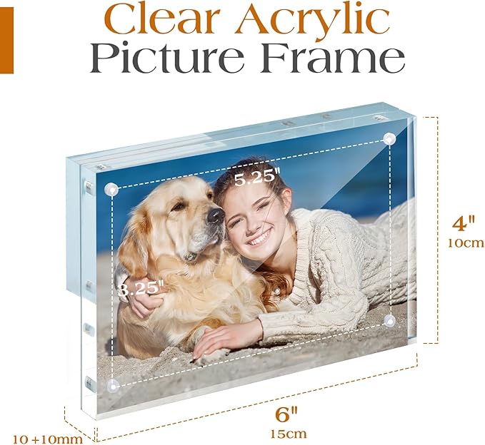 TWING 2 Pack Picture Frames Acrylic 4 x 6, Horizontal Magnet Double Sided 4x6 Picture Frame, 10+10MM Thick Clear Frameless Desktop Display Self Standing Magnetic Acrylic Block Photo Frame Gift Ideal