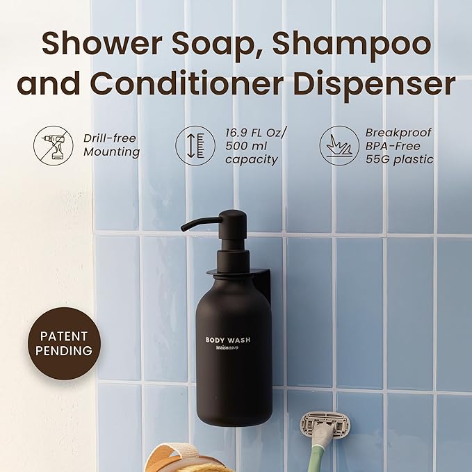 MaisoNovo Black Hand Soap Dispenser Wall Mount Set of 1-16.9 0z Wall Mounted Hand Soap Dispenser Black Plastic Bottle with Black Plastic Pump - Drill Free Secure Mounting