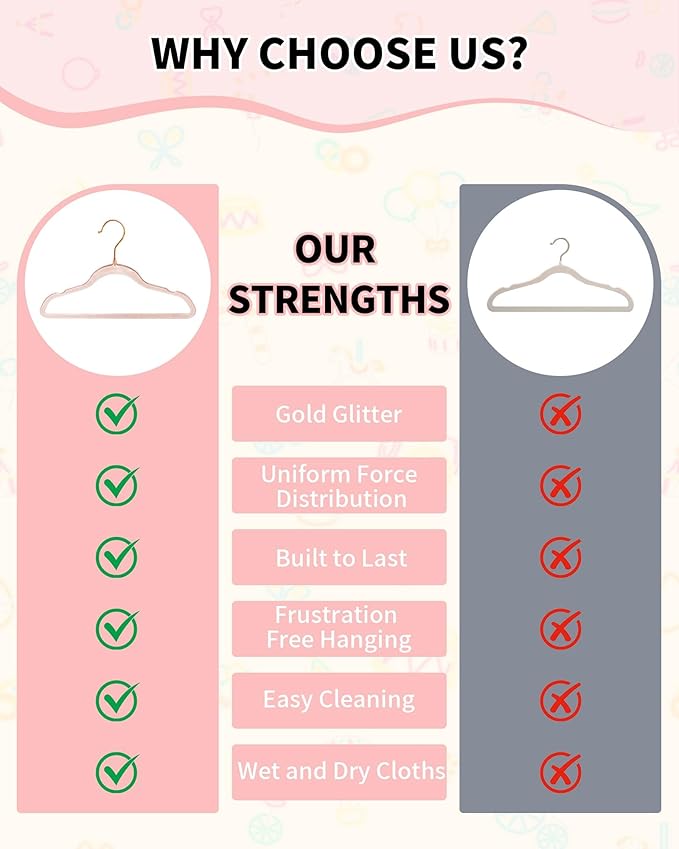 HGYZE Kids Hangers, Plastic Baby Clothes Hanger 50pcs Toddler Hangers, Clear-Pink Sparkling Hangar with Gold Glitter for Girl Nursery Children Coat Sweater, Small Hanger for Infant Newborn Closet