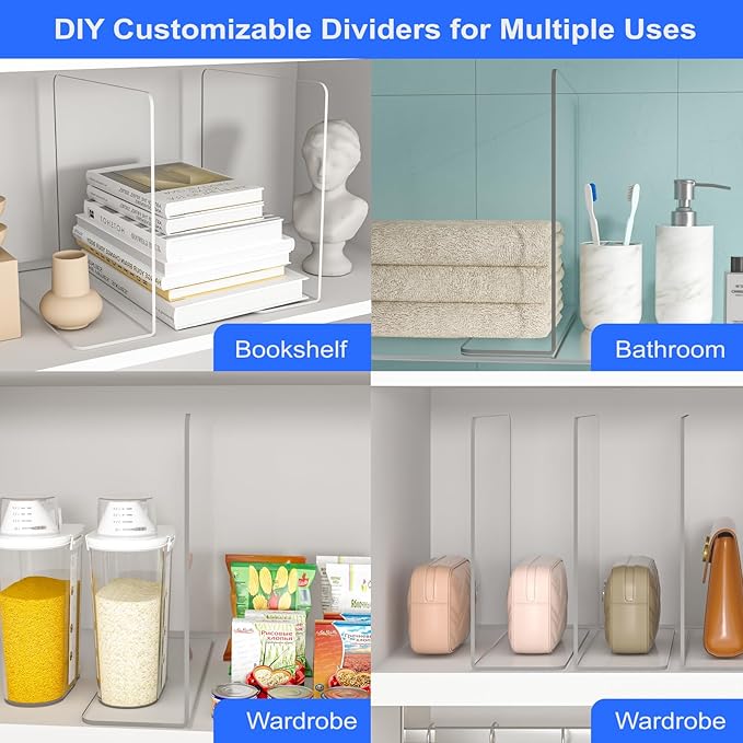 OKPOW Shelf Dividers Closet Organizer - 12" Tall X 11.8" Deep Acrylic Clear Sturdy Separate for Clothes Purse - Adjustable Space Saver Easy Install for Home Organization Enthusiasts 4 Pack